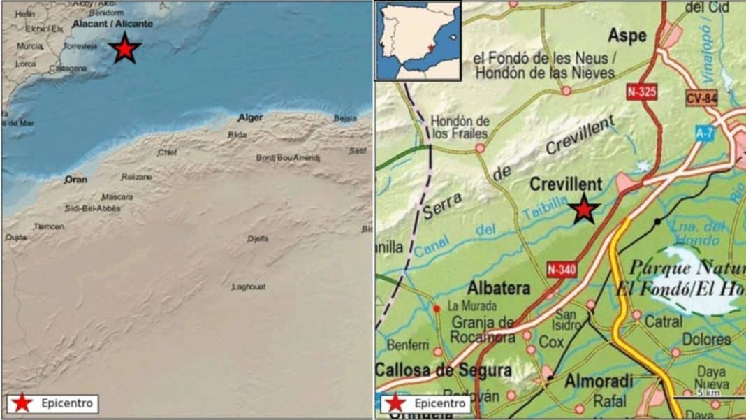 Epicenters of the earthquakes registered in the last few hours in the province of Alicante, which have occurred on the coast of Torrevieja and in the municipality of Crevillent